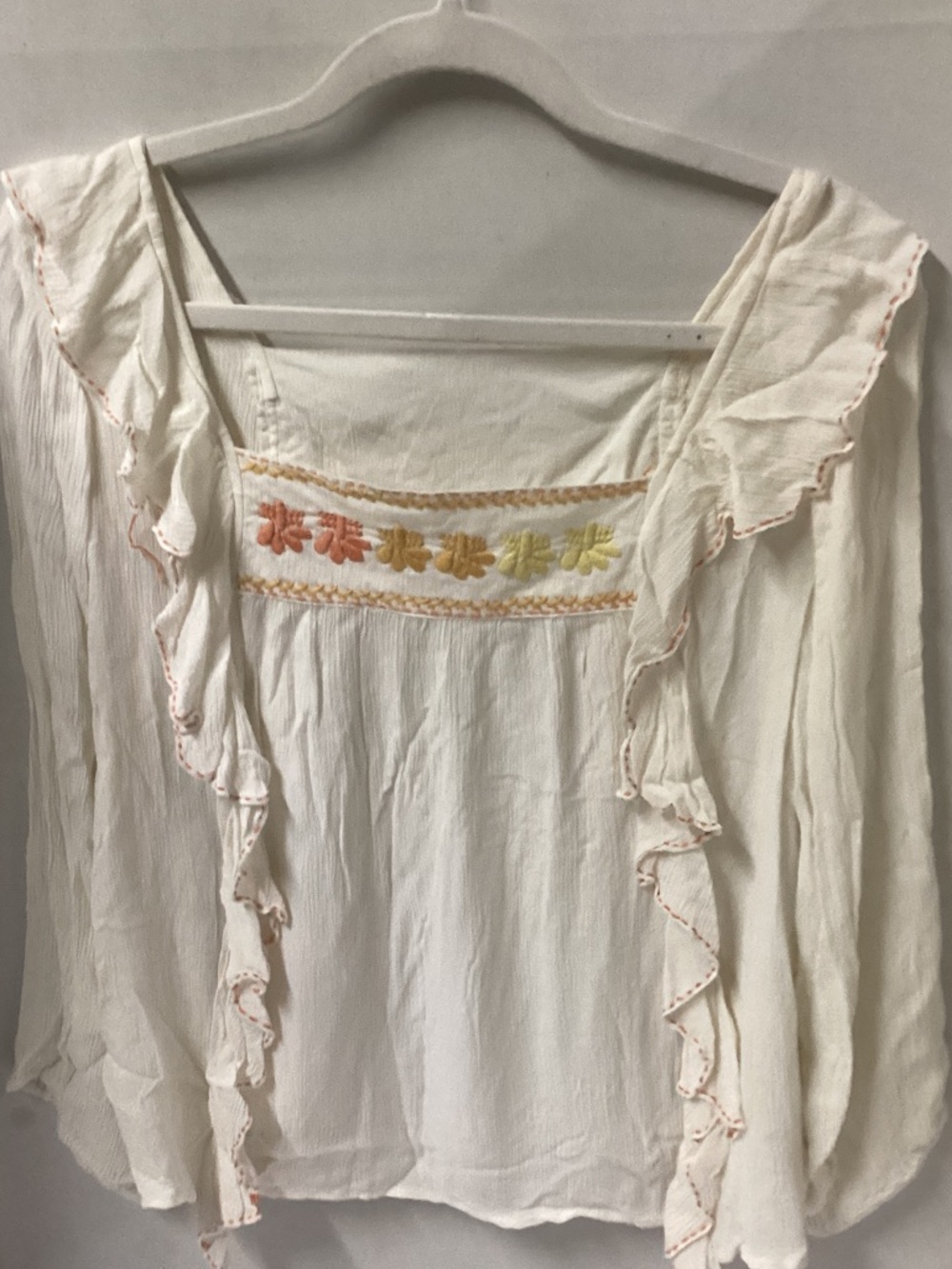 Cream Ruffled Boho Peasant Blouse with Floral Embroidery